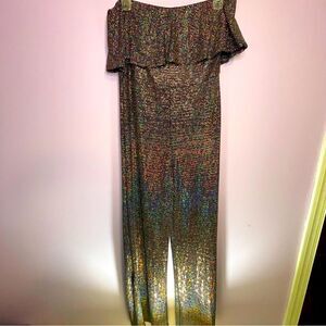 Gibiu Jumpsuit Rainbow Glitter Strapless Ruffle Black Wide Leg Pants Playsuit 2x